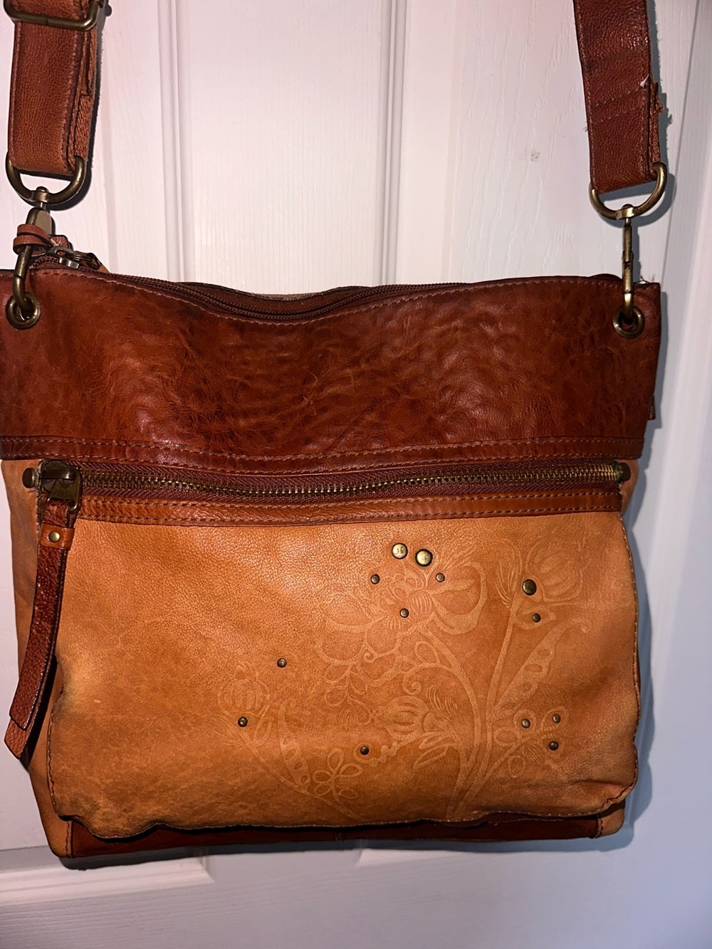 Fossil Large Floral Tooled Vintage Style Leather Crossbody Satchel RESTORED
